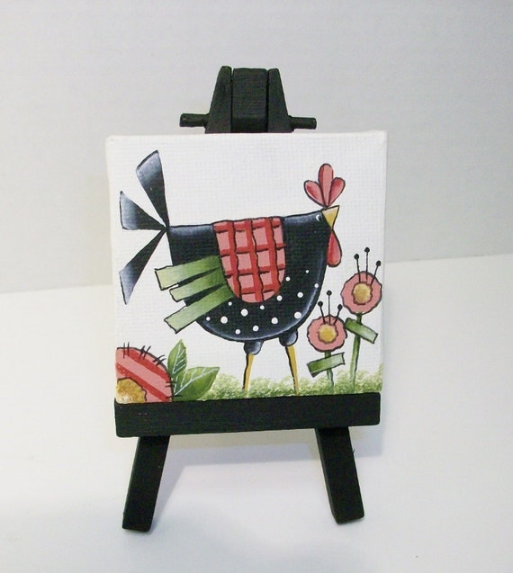 Two Mini Canvas Funky Chicken Paintings With Easels