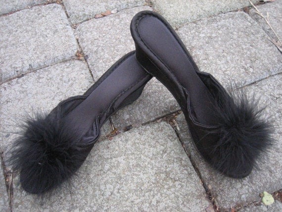 Black 80's wedge house slippers high heels with feather