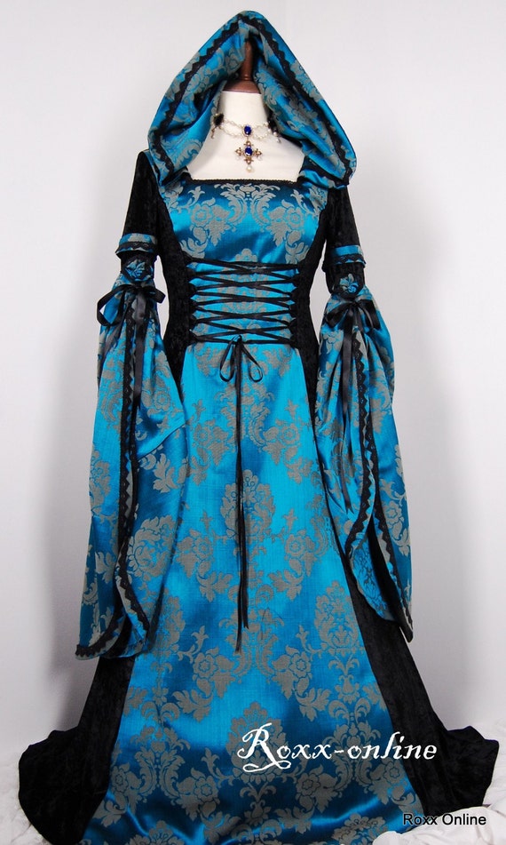 Items similar to Black velvet teal damask medieval dress with draped