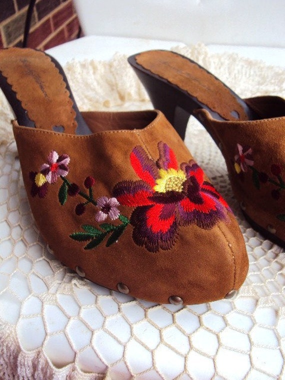 Vintage Embroidered Leather Mule Shoes by primitivepincushion
