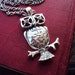 Antique Silver Owl Necklace Long Chain and Rhinestone Eyes