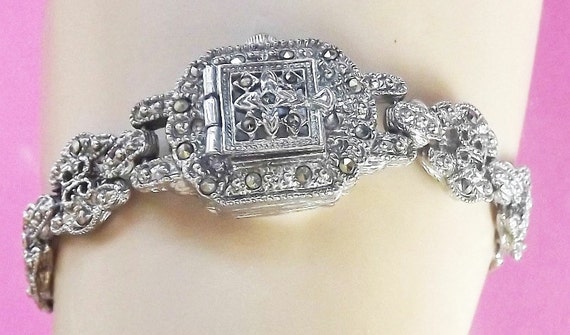 Vintage Watch Bracelet Locket Ladies Marcasite Mother of Pearl