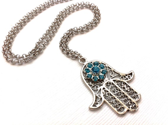 Esther Necklace Hamsa Hand Silver with by ElishevaJewelry on Etsy