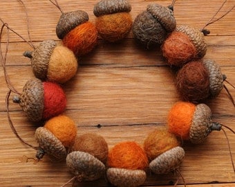 Orange Felted Wool Acorns or Acorn Ornaments, Set of 12