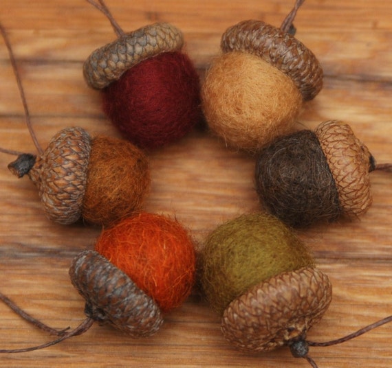 Wool Felted Acorn Ornaments, Set of 6 Fall colors, also available without hangers