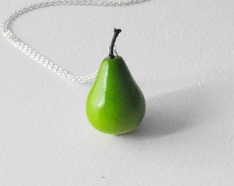 Pear necklace tiny fruit jewelry green charm long silver chain statement necklace woman's jewelry fashion accessory