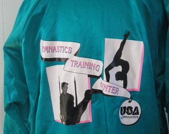 SALE Neon Turquoise Satin Bomber Jacket USA Gymnastics Training Olympics 80s Blue Coat LARGE