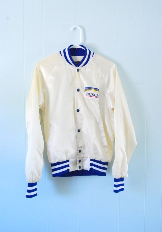 Vintage Busch Beer Satin Jacket Awesome 80s Off White Coat