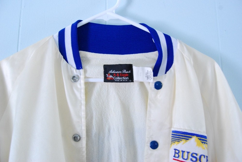 Vintage Busch Beer Satin Jacket Awesome 80s Off White Coat