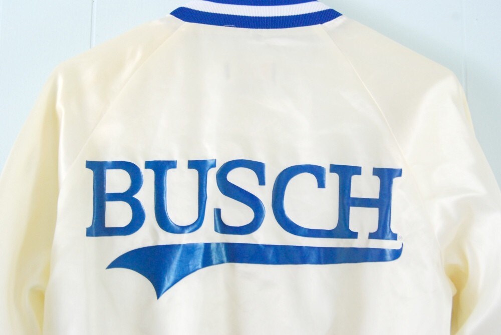Vintage Busch Beer Satin Jacket Awesome 80s Off White Coat