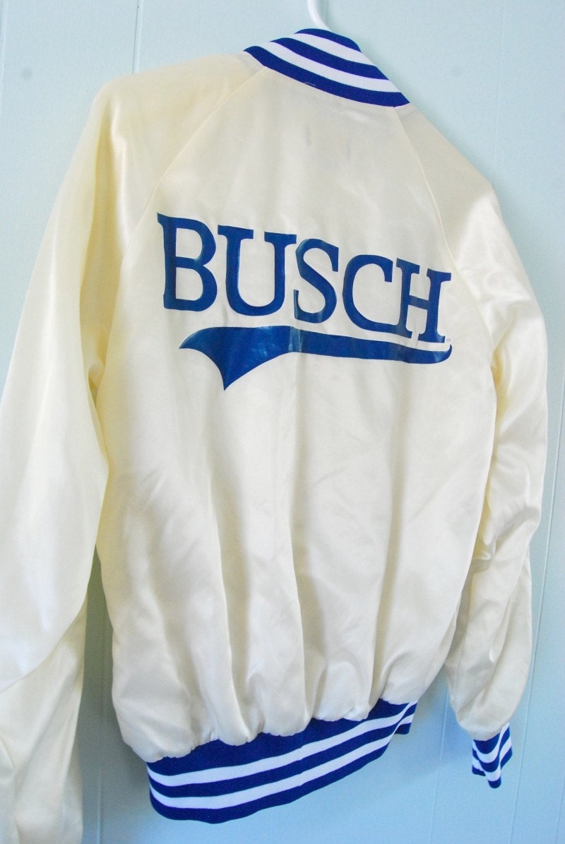 Vintage Busch Beer Satin Jacket Awesome 80s Off White Coat