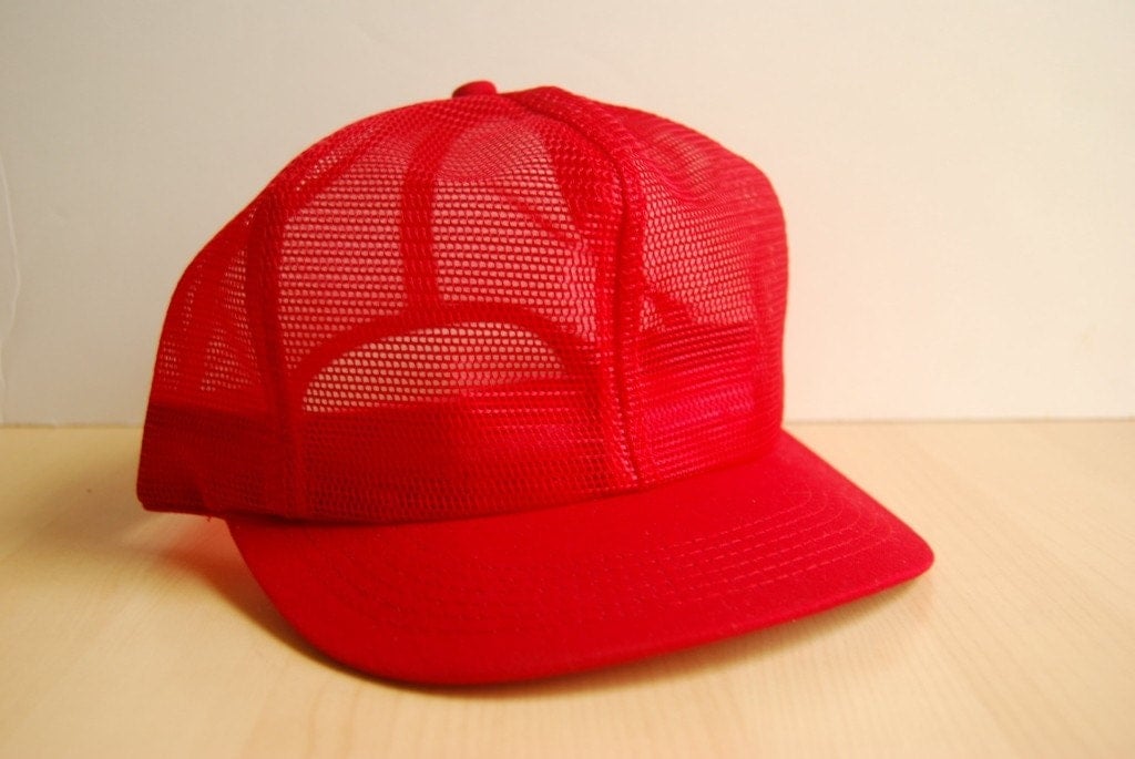 Bright Red Rare All Mesh Vintage Baseball Cap 80s Plain Blank