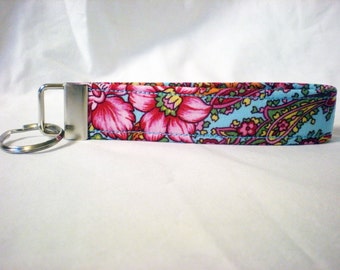 Pink Red Blue Roses Fabric Key Fob, KeyChains, Key Tags