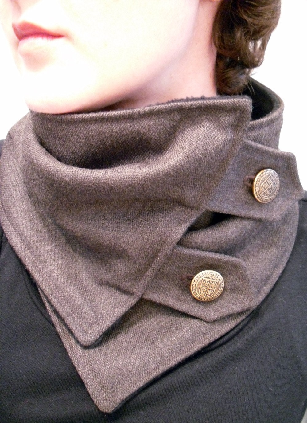 Neck Warmer Scarf in Brown Gray with Crest Buttons