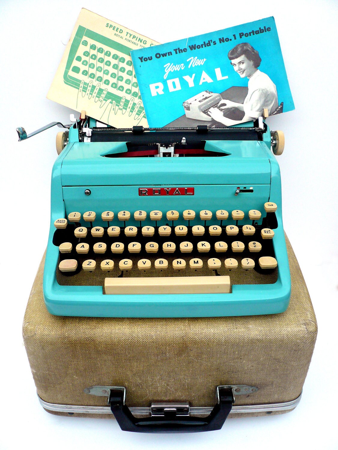 PROFESSIONALLY SERVICED 1950s Blue Royal Typewriter w/ Case