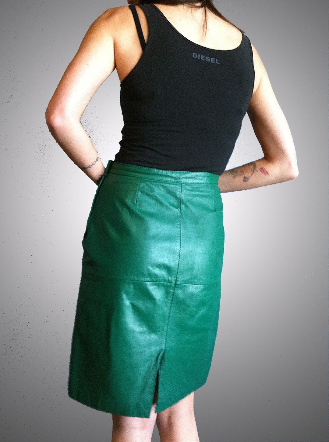 Vintage 80s Kelly Green Leather Skirt by Avon Small Medium