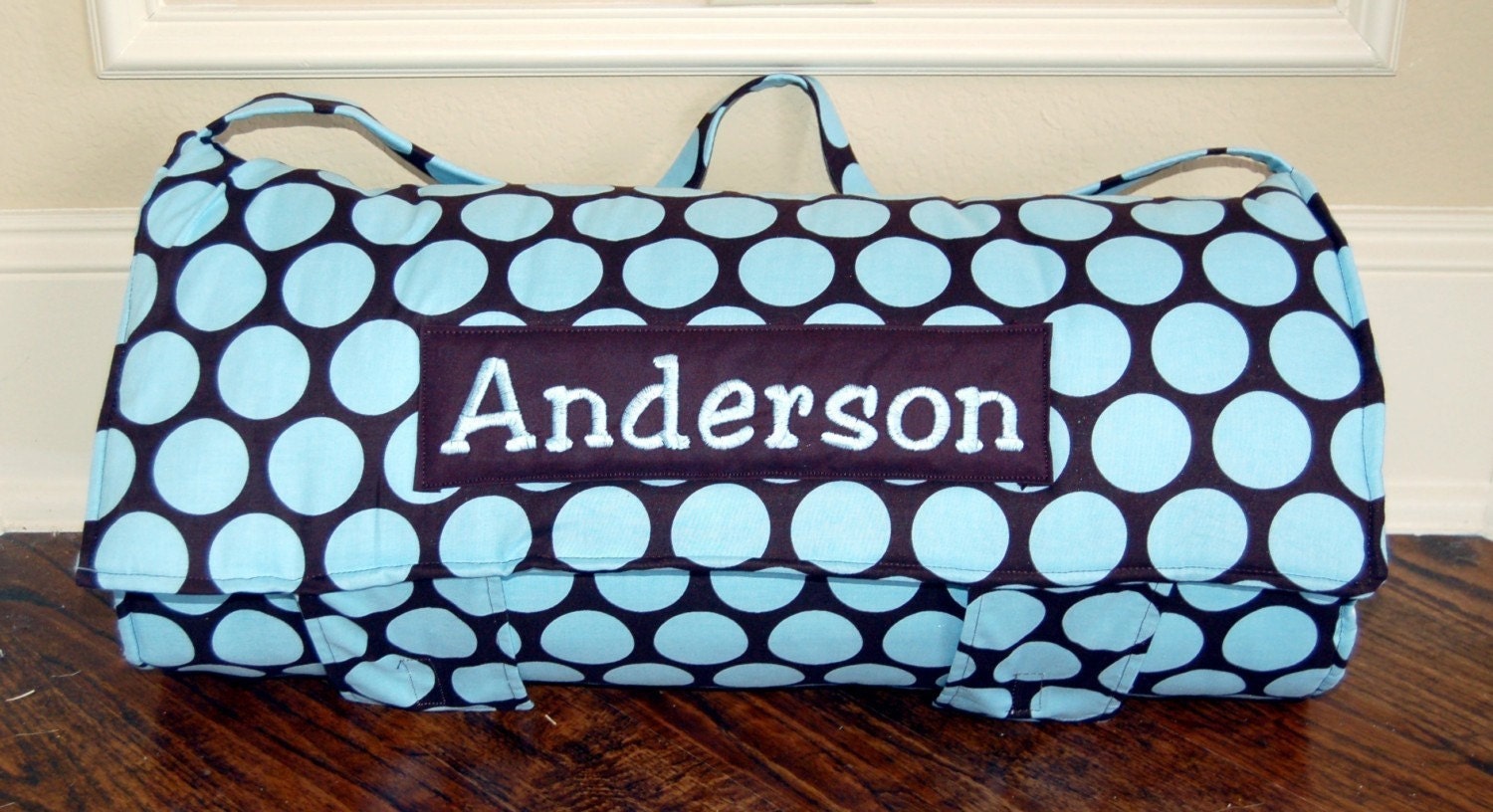 Nap Mat Monogrammed Blue Disco Dot Nap Mat with Brown Minky