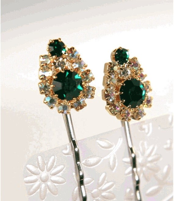 rhinestone bobby pin hair accessory emerald and by WakeUpTheAngel