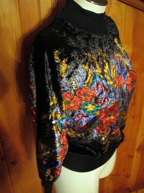 Vintage Velour Floral Bohemian Smocked Dolman Sweater M/L