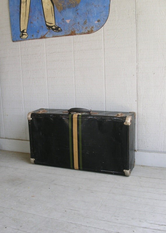 vintage striped metal suitcase.