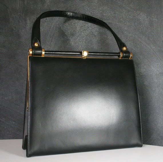 Vintage Coblentz Hard Sided Black Leather Purse with Gold