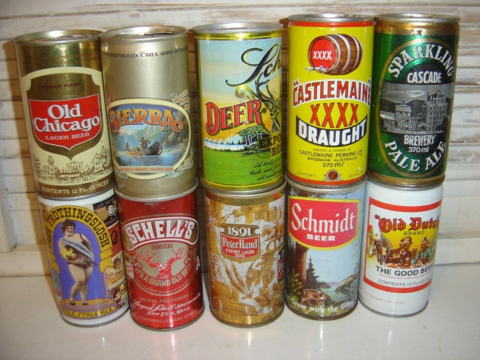 10 Colorful Vintage Steel Beer Cans 1970s Schmidt Schells