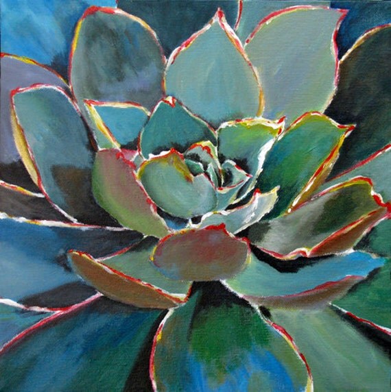 Items similar to Original Succulent Painting on Canvas Green Agave ...