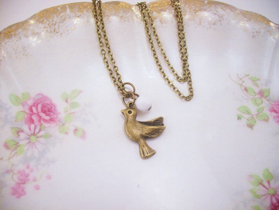 Little gold necklace. Bird charm necklace. Custom Czech glass bead color. Bronze jewelry, antiquated gold. Best friend gift.