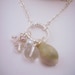 Long white and sea shell silver necklace. Twisted rope jump ring. White and clear glass beads. Long silver plated chain. Women's gift.