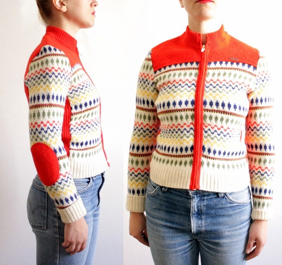 Vintage wool colorful with elbow patches zip up Sweater by nemres