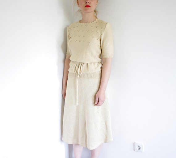 Vintage skirt and blouse. 1970s beige knit set. size S/M by nemres