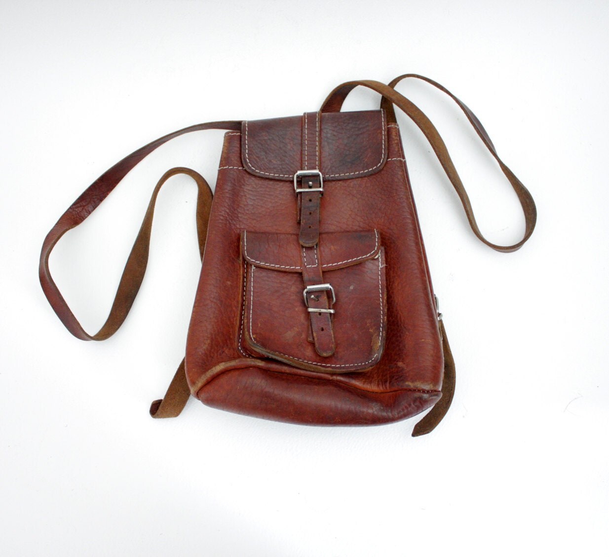 Vintage backpack. small brown leather rustic rucksack.