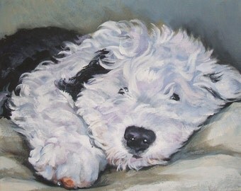 Old English Sheepdog oes dog art CANVAS print of LA Shepard painting 8x10 portrait