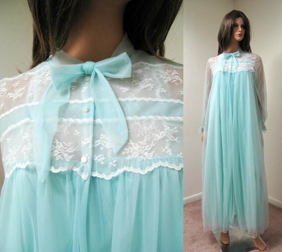 Miss Elaine Peignoir Set Vintage Aqua Sky Blue Chiffon Long