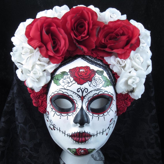 Right Red Mask Day Of The Dead Full Faced Mask With Attached Right Red Mask Day Of The Dead Full Faced Mask With Attached