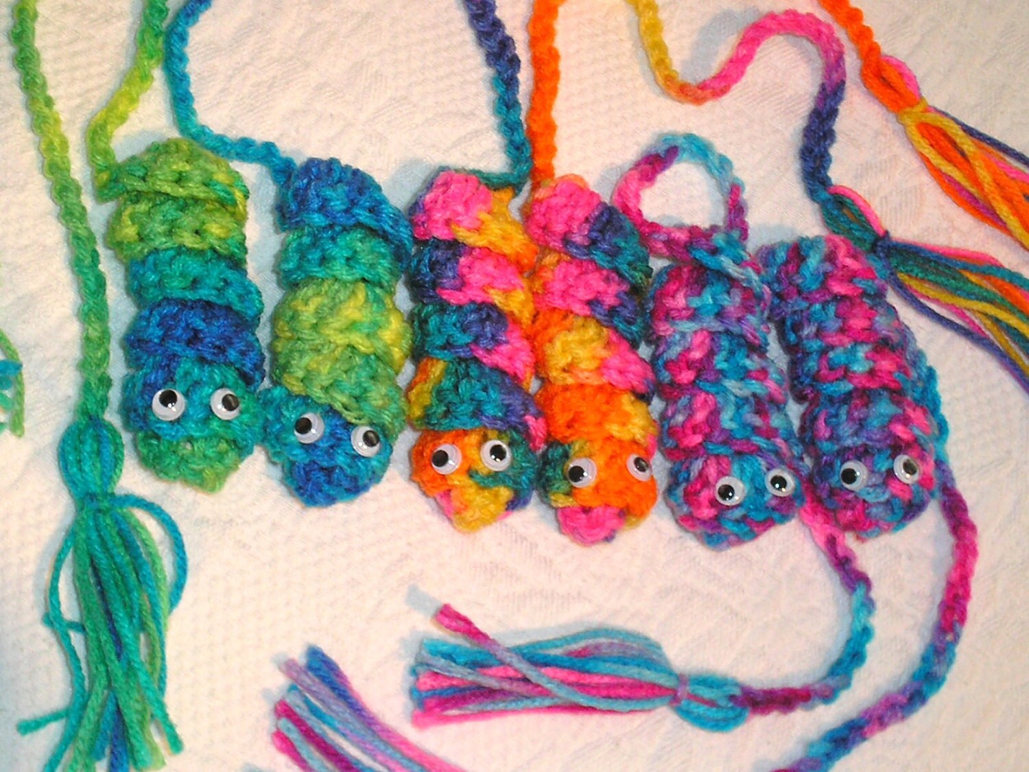 6 Crocheted Worm Bookmarks in Bright Spring Colors