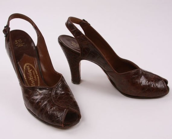 Vintage Heels Shoes Brown Alligator Sling Back Peep Toe 40s