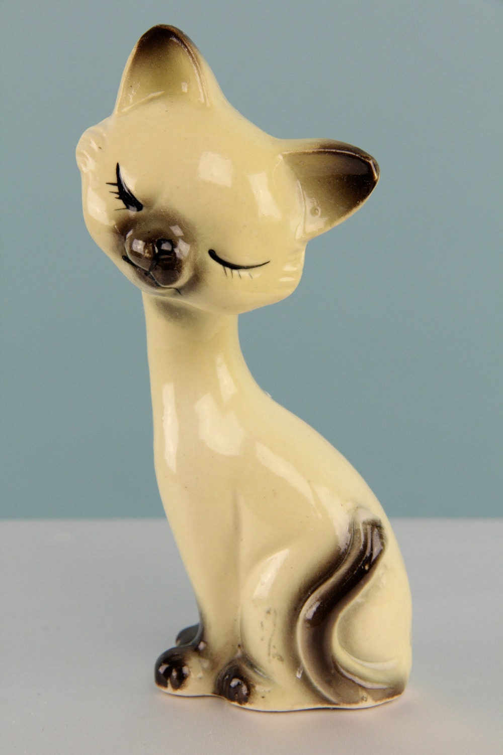  Vintage  1950s Yellow Kitty Cat  Figurine Porcelain  Statue Long