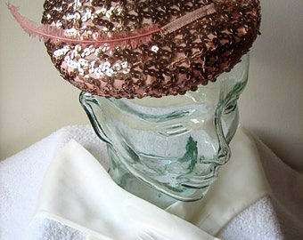 HAT Vintage Sixties Pill Box era COSTUME Jackie O Vogue Copper Sequence with Gloves