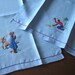 Vintage TOWELS Blue Linen Towel Set 2 Embroidered Pair Island Natives Figures Drawn Lace