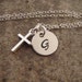 Initial and cross necklace - Hand stamped sterling silver charm necklace