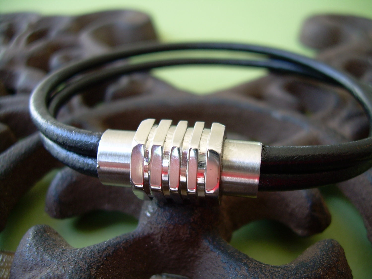 Double Strand Black Mens Leather Bracelet with Stainless Steel