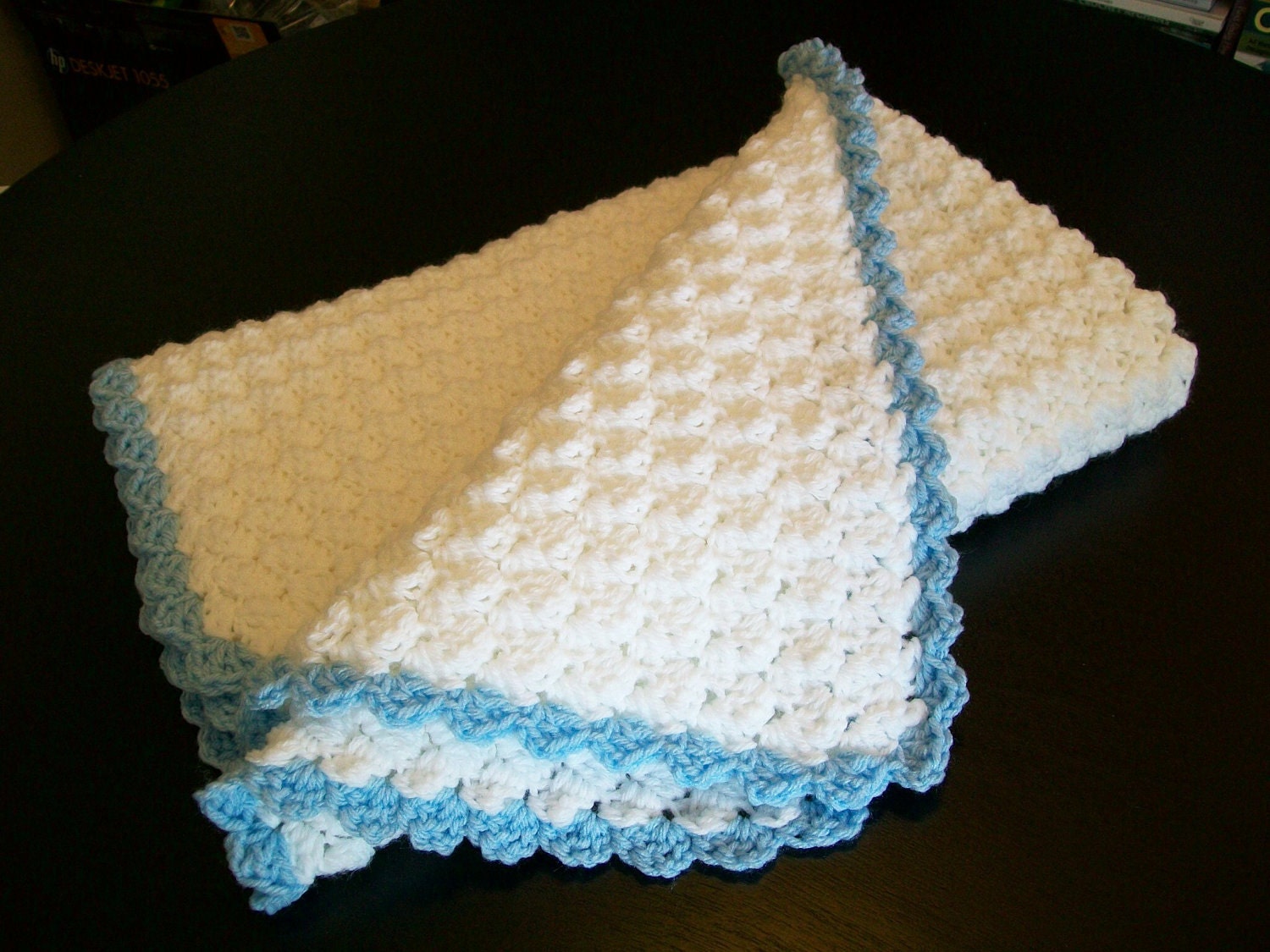 Crochet Baby Blanket Afghan White and Blue Baby Boy Blanket
