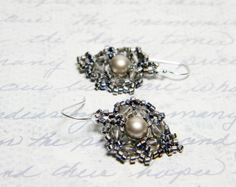 Swarovski Platinum Pearl Earrings Swarovski Crystal 22kt Lavender Gold Delica Sterling Silver - "Silver Dusk"