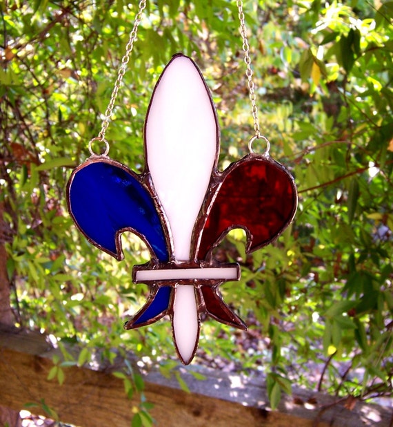 Stained Glass Red White and Blue Fleur De Lis Suncatcher