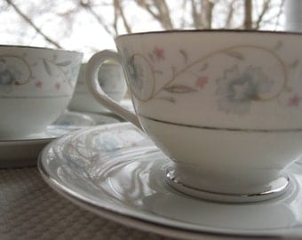 Vintage English Garden Platinum by Fine China of Japan Tea Cups and Saucers