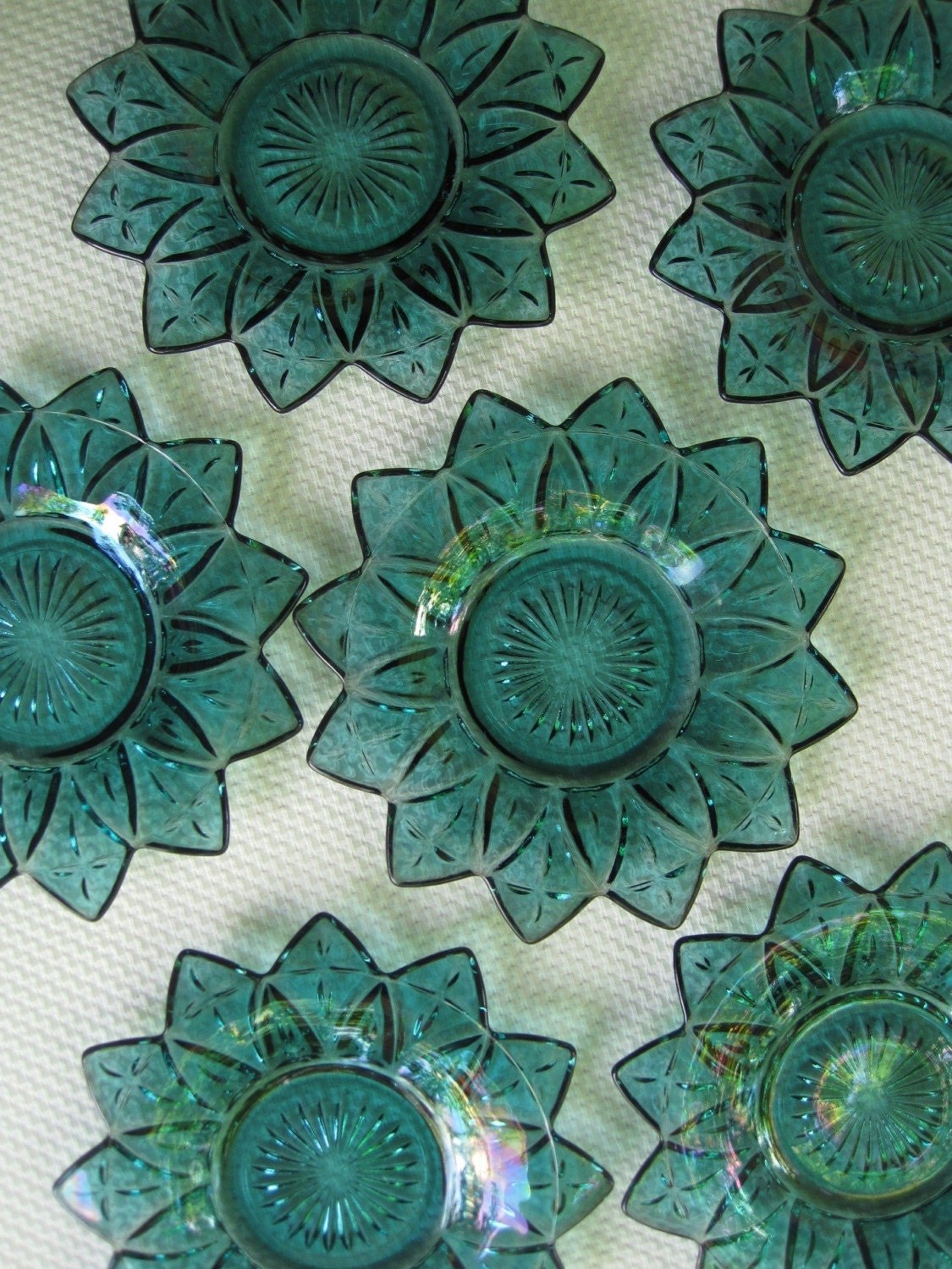 Vintage Teal Blue Iridescent Federal Glass Petal Plates