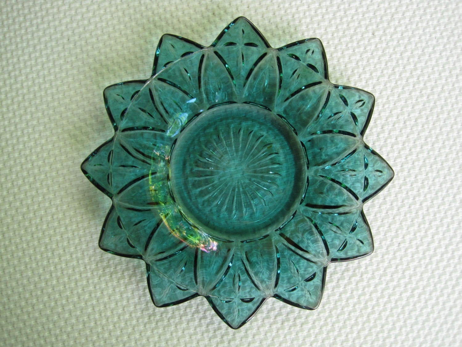 Vintage Teal Blue Iridescent Federal Glass Petal Plates