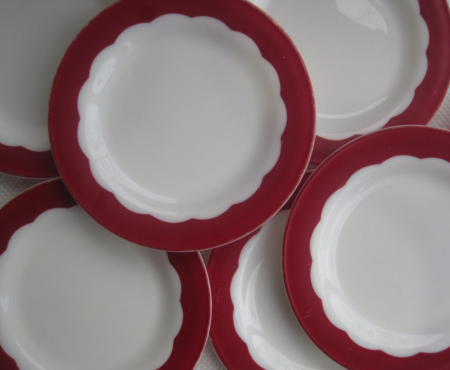 Vintage 1950's Milk Glass Dinner Plates White Red by corrnucopia