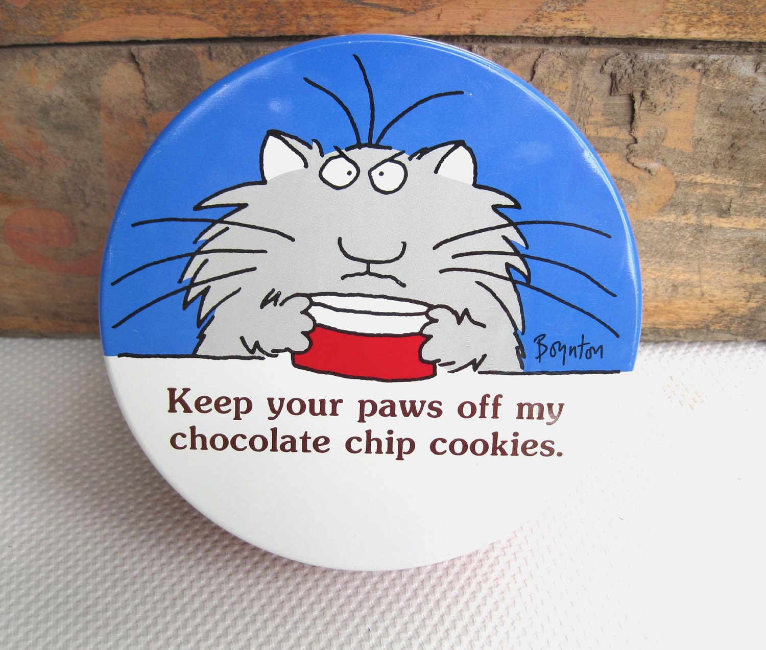 Vintage Sandra Boynton Cat Tin Keep Your Paws Off by corrnucopia